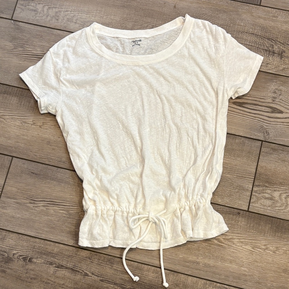 Madewell White Short Sleeve Drawstring Top EUC Small